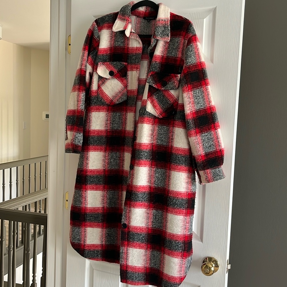 Ally Daley Long Red Black White Plaid Shacket
